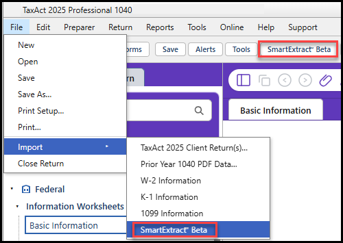 File > import > SmartExtract Beta and Toolbar button SmartExtract Beta