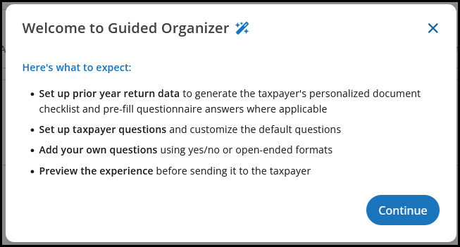 Guided Organizer welcome screen