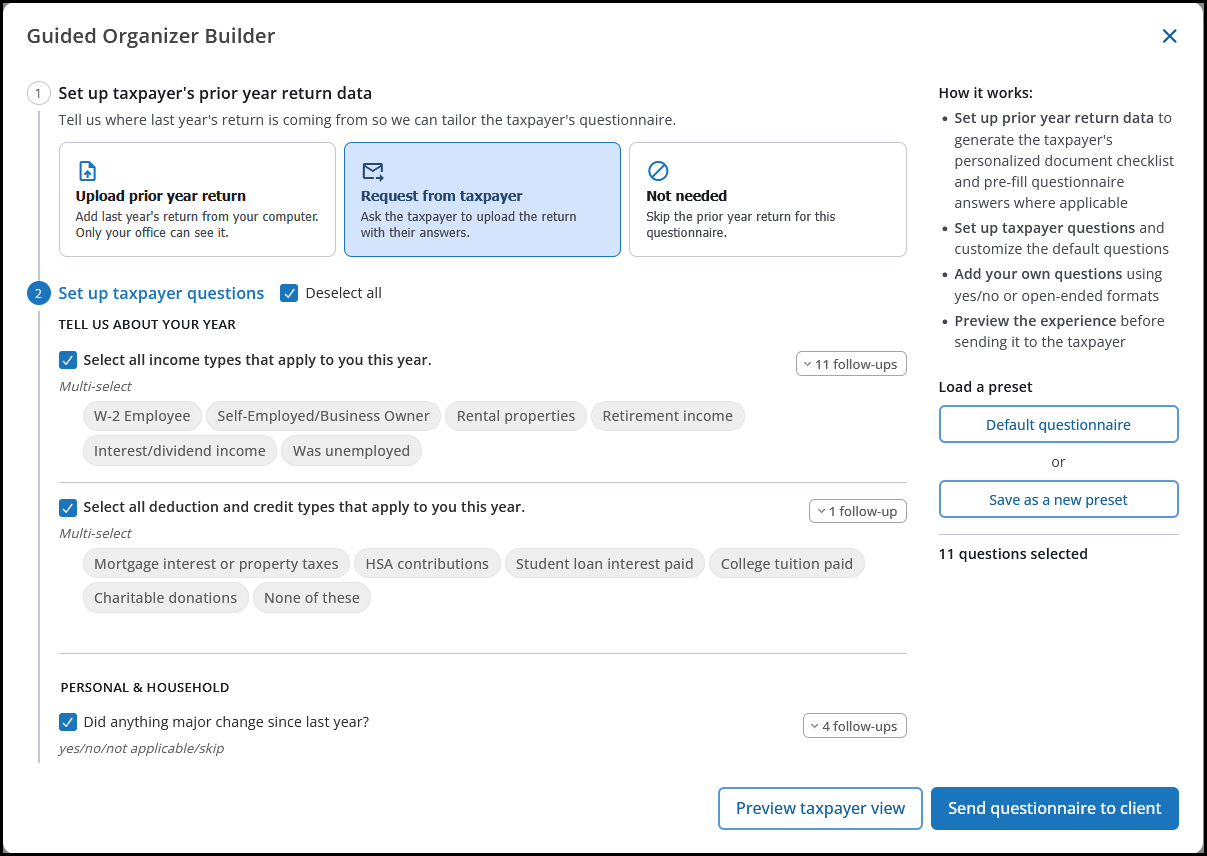 Configure guided organizer