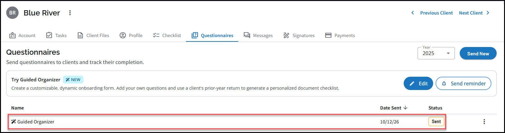 Questionnaire status in preparer portal